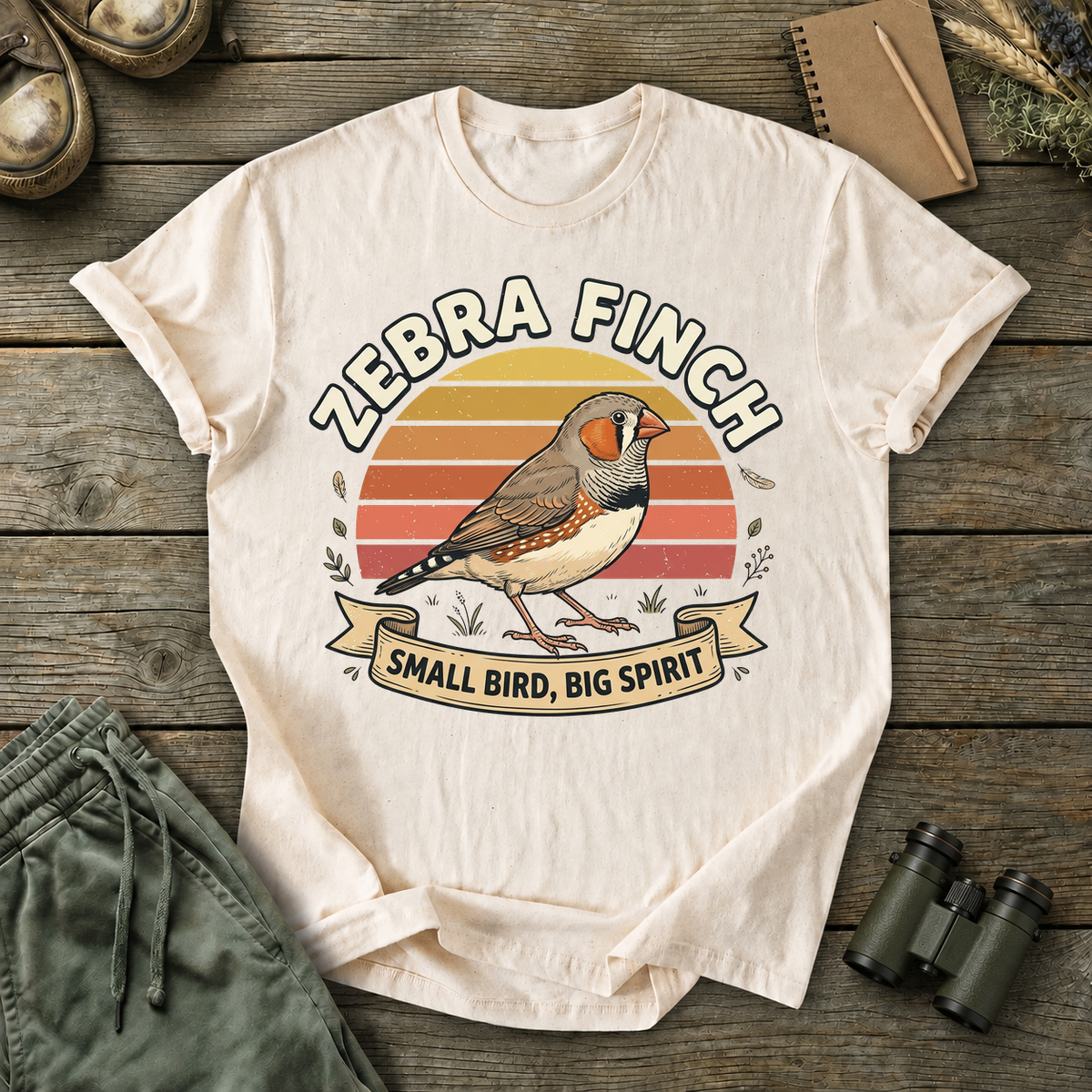 Zebra Finch Small Bird Big Spirit Tee in Ivory, centered front design on a birdwatching flat-lay mockup
