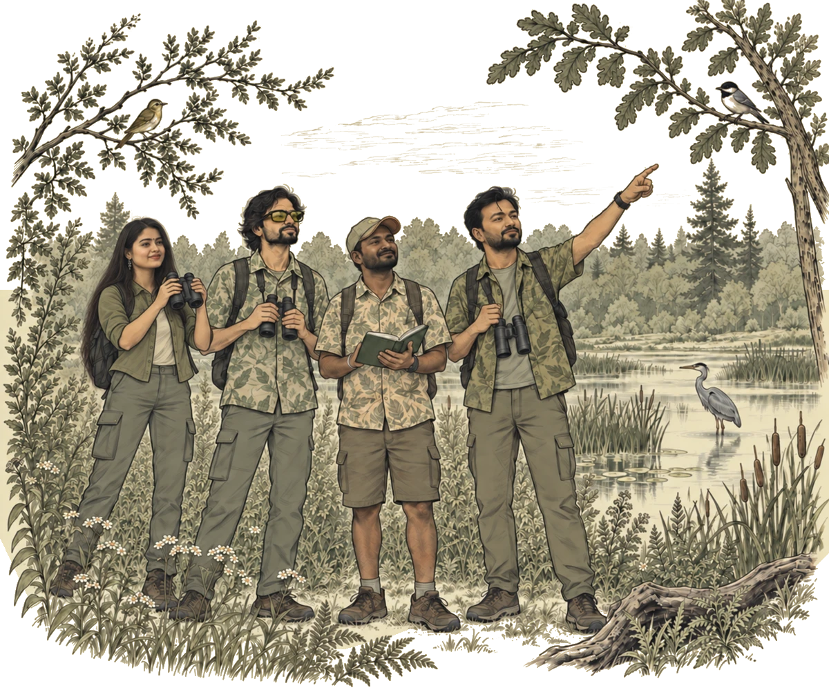 Four birdwatchers sharing a sighting together beside a woodland wetland