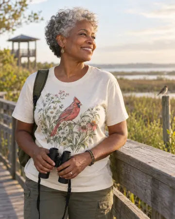 AI-created lifestyle scene: a birdwatcher wearing a cream cardinal and wildflower tee on a coastal refuge boardwalk.