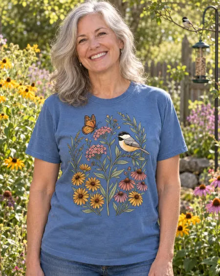 AI-created lifestyle scene: a smiling woman wearing the Blue Jean chickadee floral tee in a garden with a chickadee near a feeder.