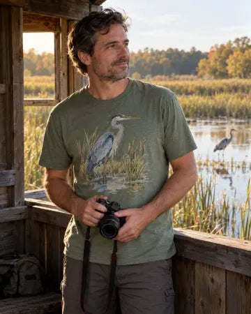 AI-created lifestyle scene: a birdwatcher wearing a moss green blue-heron tee at a wetland bird blind.