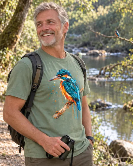 AI-created lifestyle scene: a smiling birder wearing the Bay kingfisher tee by a river, with binoculars at his side.