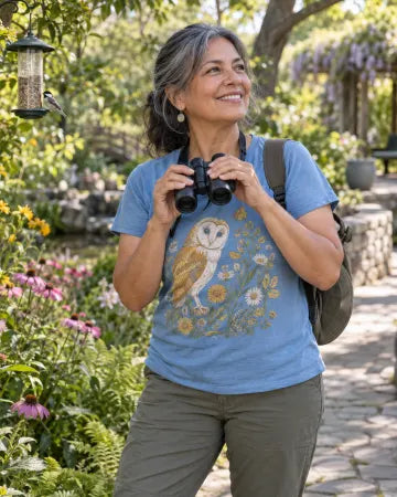 AI-created lifestyle scene: a birdwatcher wearing a sky-blue owl and wildflower tee in a botanical garden.