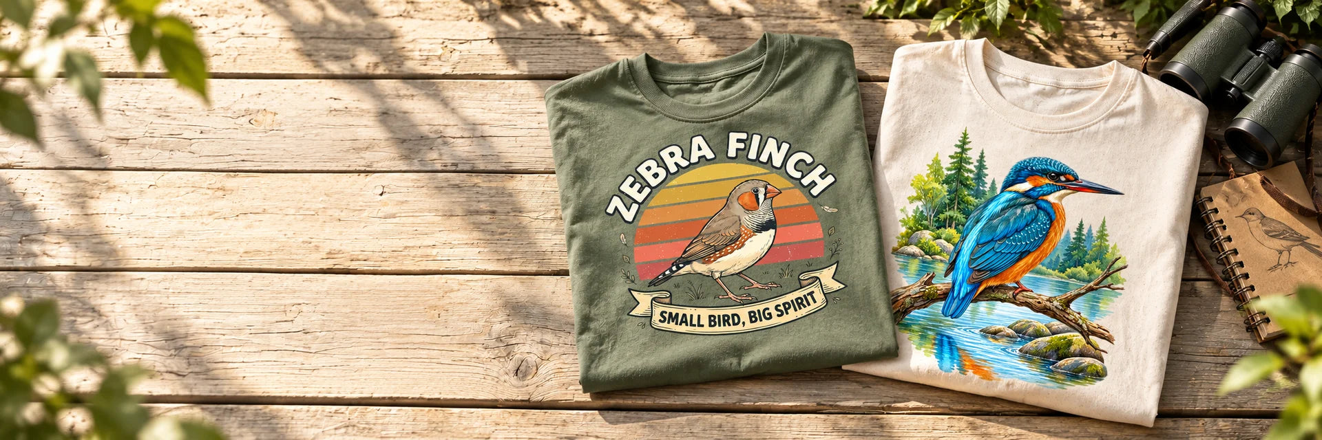 Folded Bay Zebra Finch and Ivory Kingfisher bird tees on a sunlit wooden bench with binoculars and a field notebook